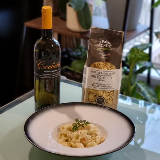 Orecchiette Jesce with Creamy Potato and Smoked Salmon Sauce, Paired Perfectly with Cecchetto Incrocio Manzoni Wine