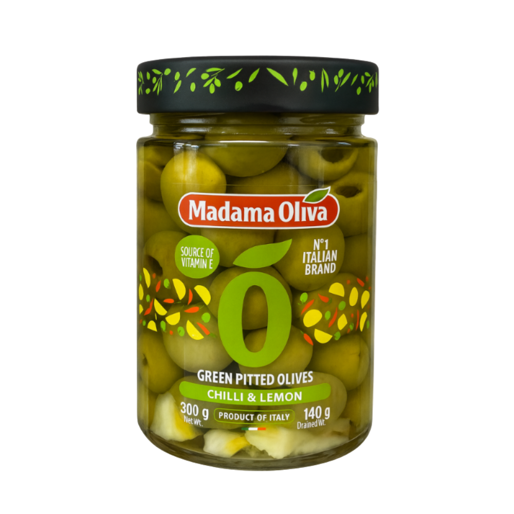 Madama Oliva Green Pitted Olives – Chilli & Lemon 300g