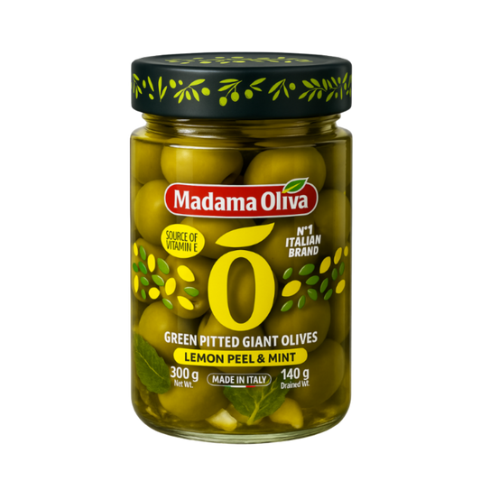 Madama Oliva Green Pitted Giant Olives – Lemon Peel & Mint 300g