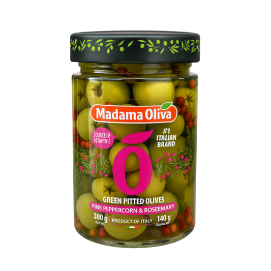 Madama Oliva Green Pitted Olives – Pink Peppercorn & Rosemary 300g